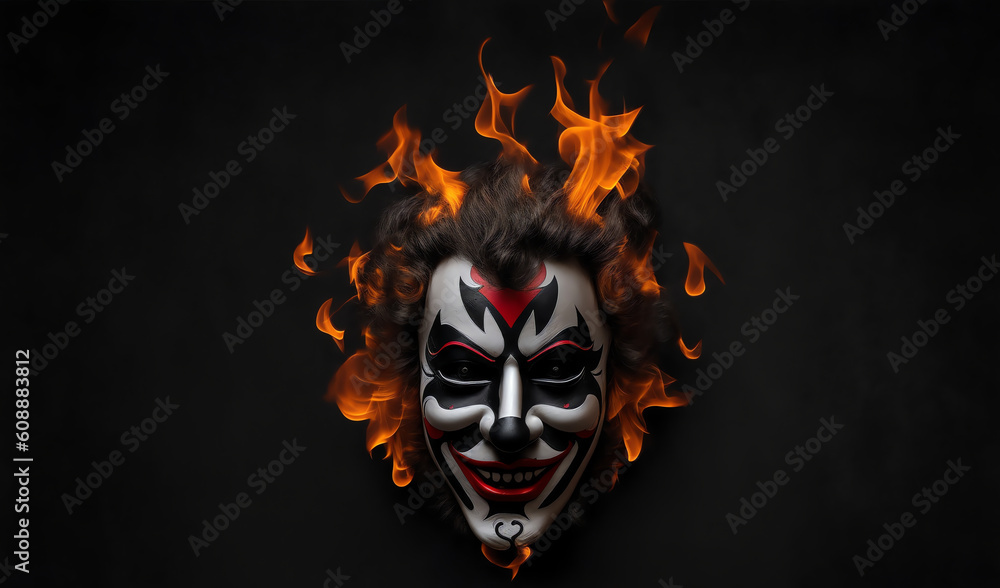 Poster burning clown mask in plain black background from generative ai