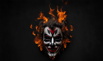 Burning clown mask in plain black background from Generative AI