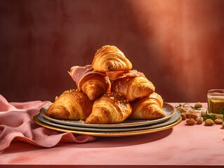 A plate of crispy and golden-brown croissants with cheese. Generative AI