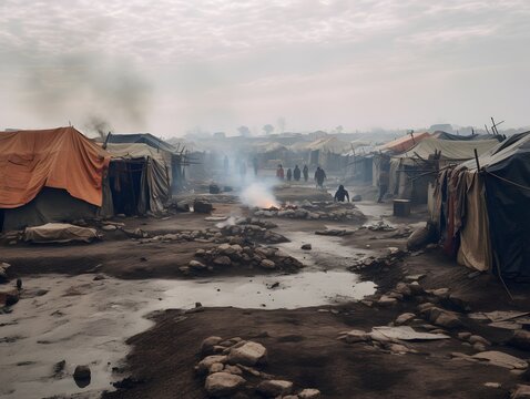 A photojournalistic image of a refugee camp Generative AI
