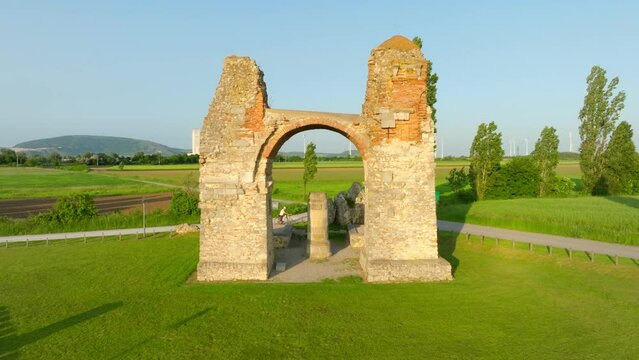 Heathens' Gate (Heidentor) Near Petronell-Carnuntum, Austria - aerial drone shot