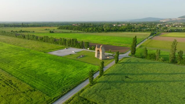 Flying Towards Ruins Heidentor In Carnuntum, Austria - drone shot