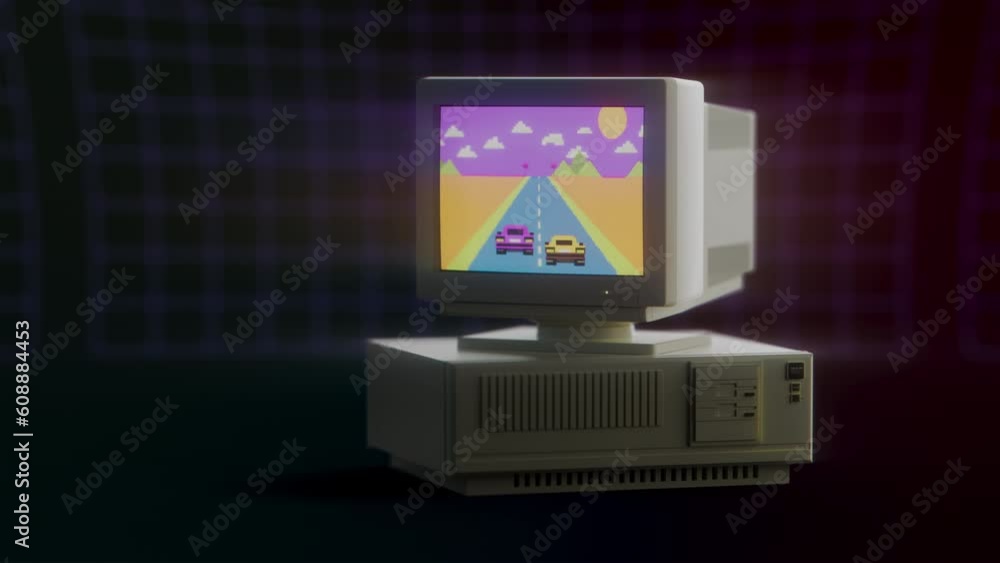 Poster retro gaming vintage pc with crt screen and gamer atmosphere. intro video element, a desktop compute