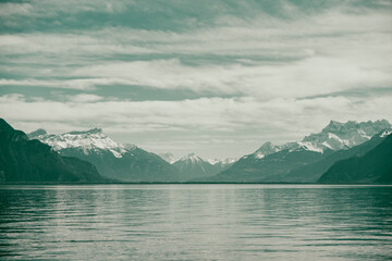 Mountain and Water Background View. Lake Geneva Vevey, Swistzerland.