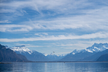 Mountain and Water Background View. Lake Geneva Vevey, Swistzerland.