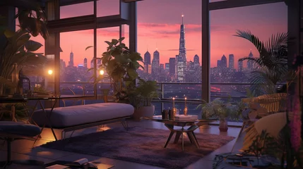 Fototapeten 3d illustration city at dusk in living room © Absent Satu