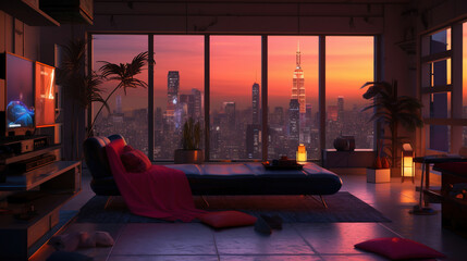 3d illustration city at dusk in living room