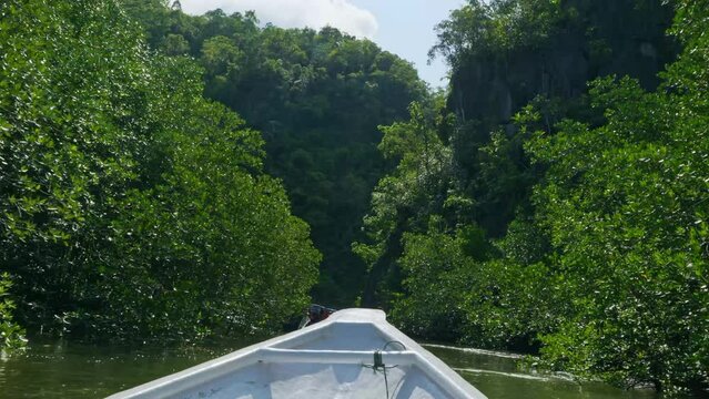 The bow of a tourist boat travelling along a river of the Kilim Geoforest Park in Lankawi, Kedah, Malaysia. Kilim Geo Forest is a UNESCO site. Hand held shot