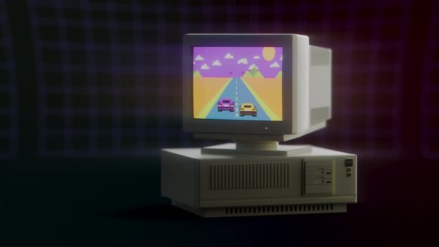 Retro Gaming Vintage PC with CRT Screen and gamer atmosphere. Intro video element, a desktop computer with racing game on the monitor.