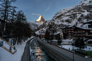 Zermatt village with Matterhorn mountain in the Morning. Zermatt, Switzerland.