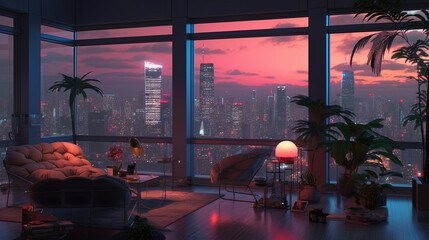 3d illustration city at dusk in living room