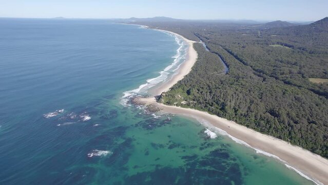 Panoramic View Of Wenonah Head, Urunga, NSW, Australia - drone shot