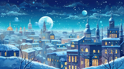 A winter with frost and snowflakes cityscape