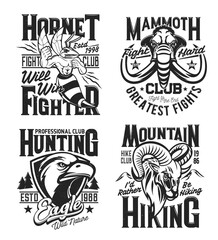 Sport club mascots and t-shirt prints. Angry hornet, mammoth, eagle and mountain sheep ram and retro typography on fighting, hunting and hiking club vector emblem, symbol or clothing custom print