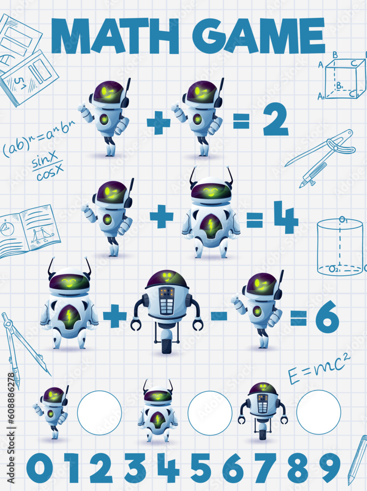 Poster cartoon robots and droids, math game worksheet quiz or kids vector puzzle. android robots and ai rob