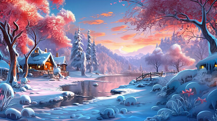 A winter with frost and snowflakes village