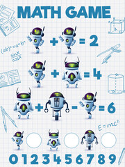 Cartoon robots and droids, math game worksheet quiz or kids vector puzzle. Android robots and AI robotic droid characters in math game for addition and subtraction counting skills or math game quiz
