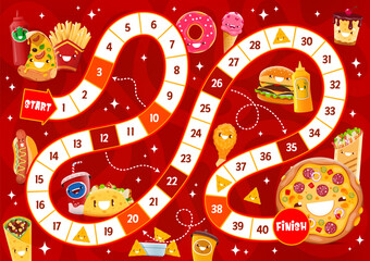 Step board game, cartoon cheerful takeaway fast food characters, vector quiz worskheet. Pizza, donut with cheeseburger, burrito or shawarma, funny fast food for start and finish dice race game