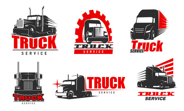 Truck service icons. Industrial transportation, repair and maintenance service, vehicle spare parts shop or automobile mechanic workshop vector icon with classic american semi truck
