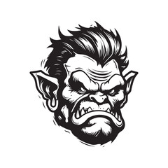 scheming orc, vintage logo line art concept black and white color, hand drawn illustration