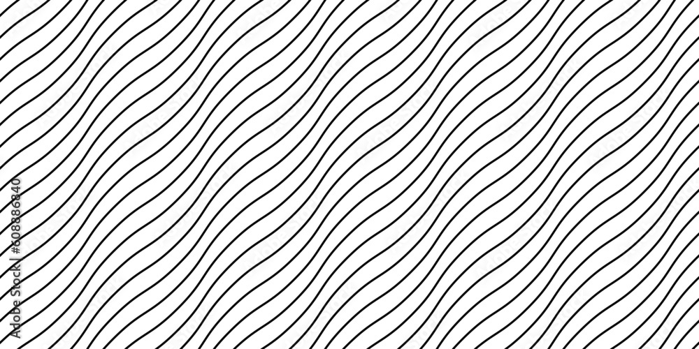 Poster Wave lines seamless pattern. Black undulate stripes repeating background. Diagonal wavy texture. Simple curved linear wallpaper. Textile and fabric design template. Vector