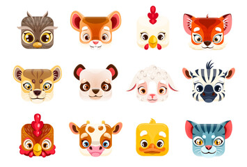 Fototapeta premium Kawaii animal faces, square cartoon cute zoo characters, vector icons of zebra and panda baby. Kids emoji stickers of lion, tiger and funny kawaii square face of cow, chick and cat kitten with lamb