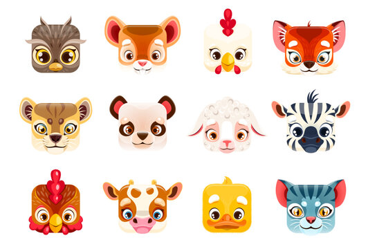 Kawaii animal faces, square cartoon cute zoo characters, vector icons of zebra and panda baby. Kids emoji stickers of lion, tiger and funny kawaii square face of cow, chick and cat kitten with lamb