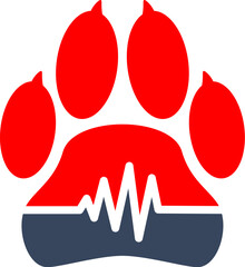 Pet clinic icon of animal care with vector dog paw print, heartbeat and pulse symbol. Veterinary medicine hospital, veterinarian or vet doctor medical office isolated red and blue sign, vet clinic