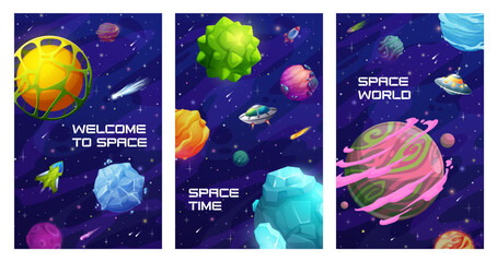 Space posters, starry galaxy, space planets and stars, spaceship and ufo, vector astronomy science. Cartoon fantasy universe, rockets, comets and asteroids, cosmos travel and adventure banners set
