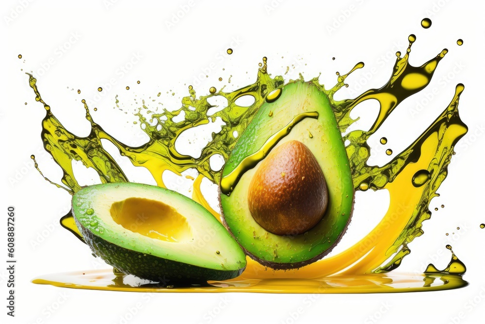 Poster an avocado dropping into a pool of juice and creating a splash generative ai