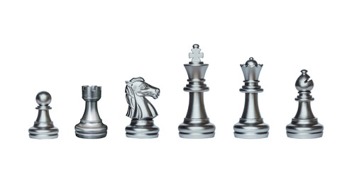 Chess set. Silver chess pieces on on transparent background.