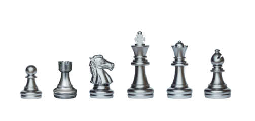Chess set. Silver chess pieces on on transparent background.