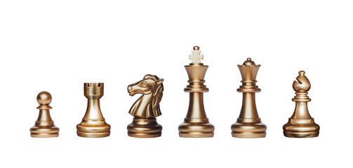 Chess set. Gold chess pieces on on transparent background. - 608887251