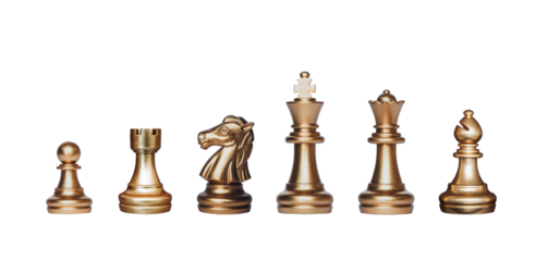 Chess set. Gold chess pieces on transparent background.