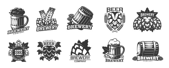 Beer brewery icons, mug, tankard, barrel and malt hop, beer brew or bar pub vector labels. Craft beer and alcohol drinks brewery badge or symbol with barrel and wheat barley laurel of premium quality