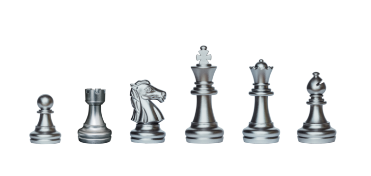 Chess set. Silver chess pieces on on transparent background.