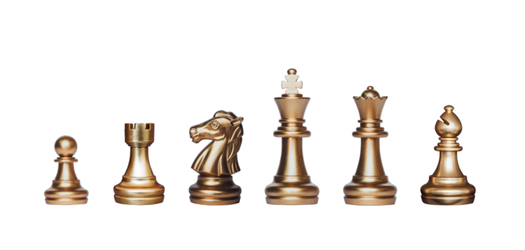 Chess set. Gold chess pieces on transparent background.