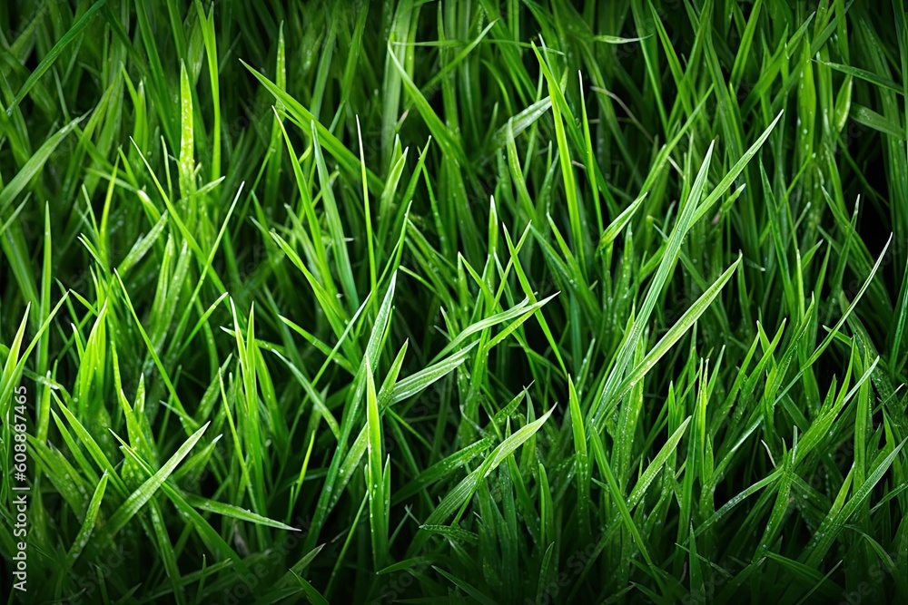 Poster close-up view of a lush green grass field with dew drops generative ai
