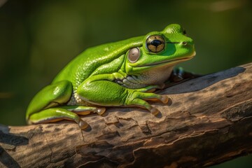Naklejka premium green frog perched on a tree branch Generative AI