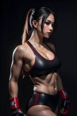 Illustration of fit girl, woman training box, taekwondo, kickbox. AI generated content
