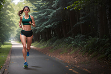 Illustration of girl, woman running, jogging outdoors. AI generated content