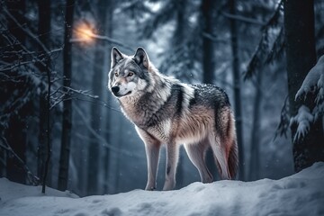 Obraz premium Wolf In The Winter Forest At Night