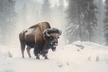 Bison In The Winter In Snowstorm