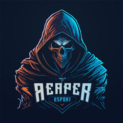 Grim Reaper mascot logo. Esport gaming spooky skull logo design. Vintage and high quality grim reaper logo.