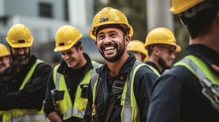 Generative AI happy of team construction worker working at construction site - obrazy, fototapety, plakaty