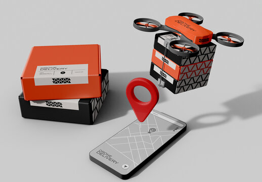 Delivery Drone and Smartphone App Mockup