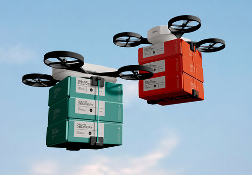 Flying Delivery Drone with Box Mockup