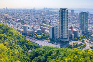 新緑と神戸の市街地（眼下には新神戸駅と中央区・灘区の街並みが広がっています）