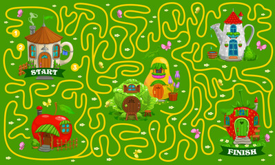 Labyrinth maze game, fairytale magic houses and dwellings. Kids vector educational riddle worksheet with cartoon funny cup, watering can, apple and cabbage with pear or strawberry elf or gnome homes