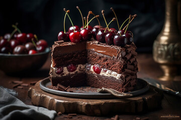 A stunning black forest cake with layers is served on a plate. (Generative AI)